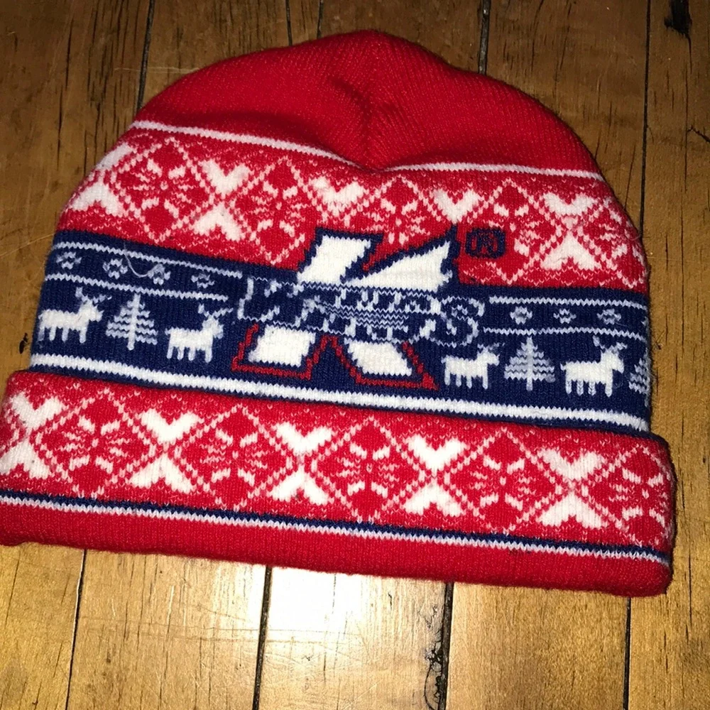 Red and Navy Knit Beanie with 'K' Logo - Men's Winter‎ Hat